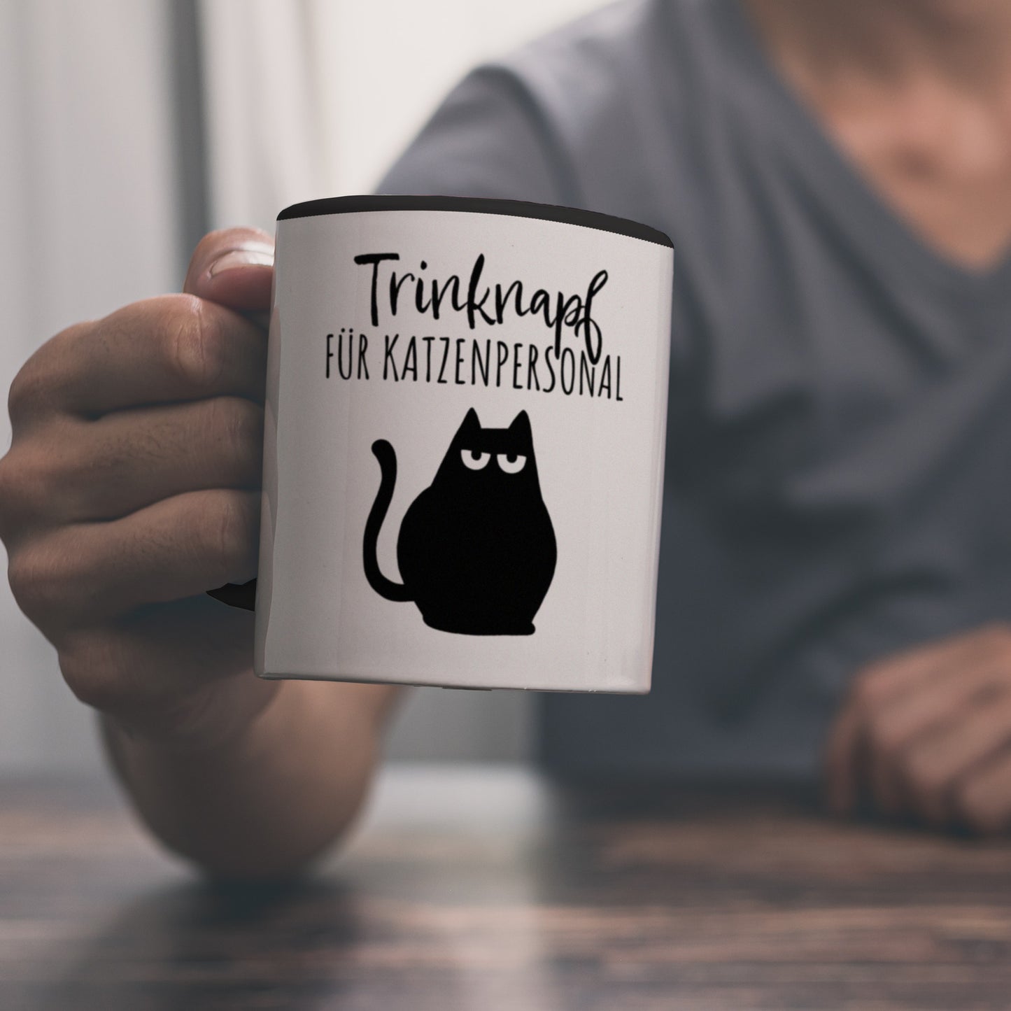 Katze Kaffeebecher in schwarz mit Spruch Trinknapf für Katzenbesitzer