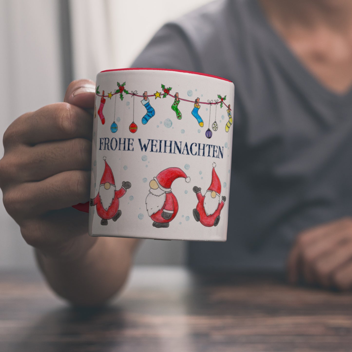 Frohe Weihnachten Kaffeebecher Henkel und Innenseite Rot mit Weihnachtsmann Motiv