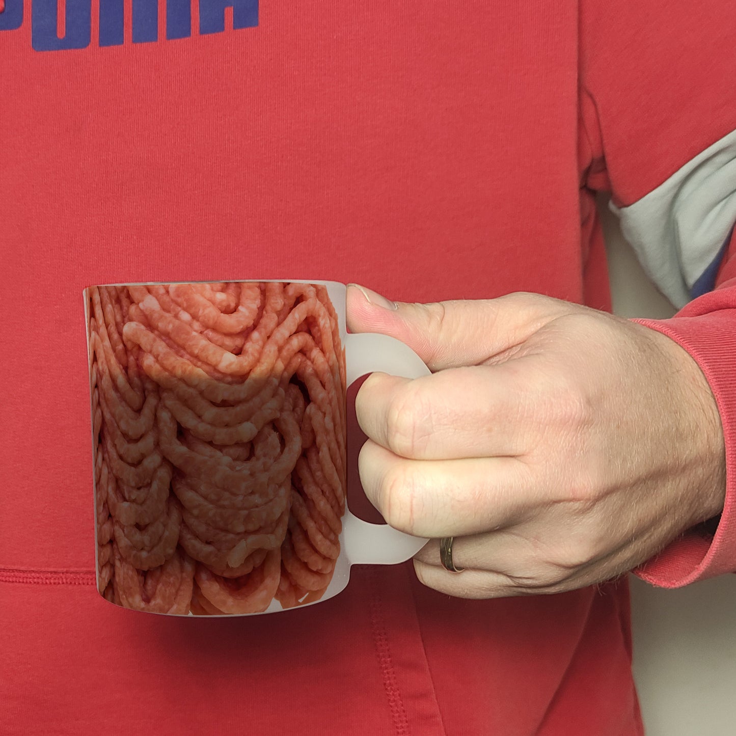 Glas Tasse mit Hackfleisch Motiv