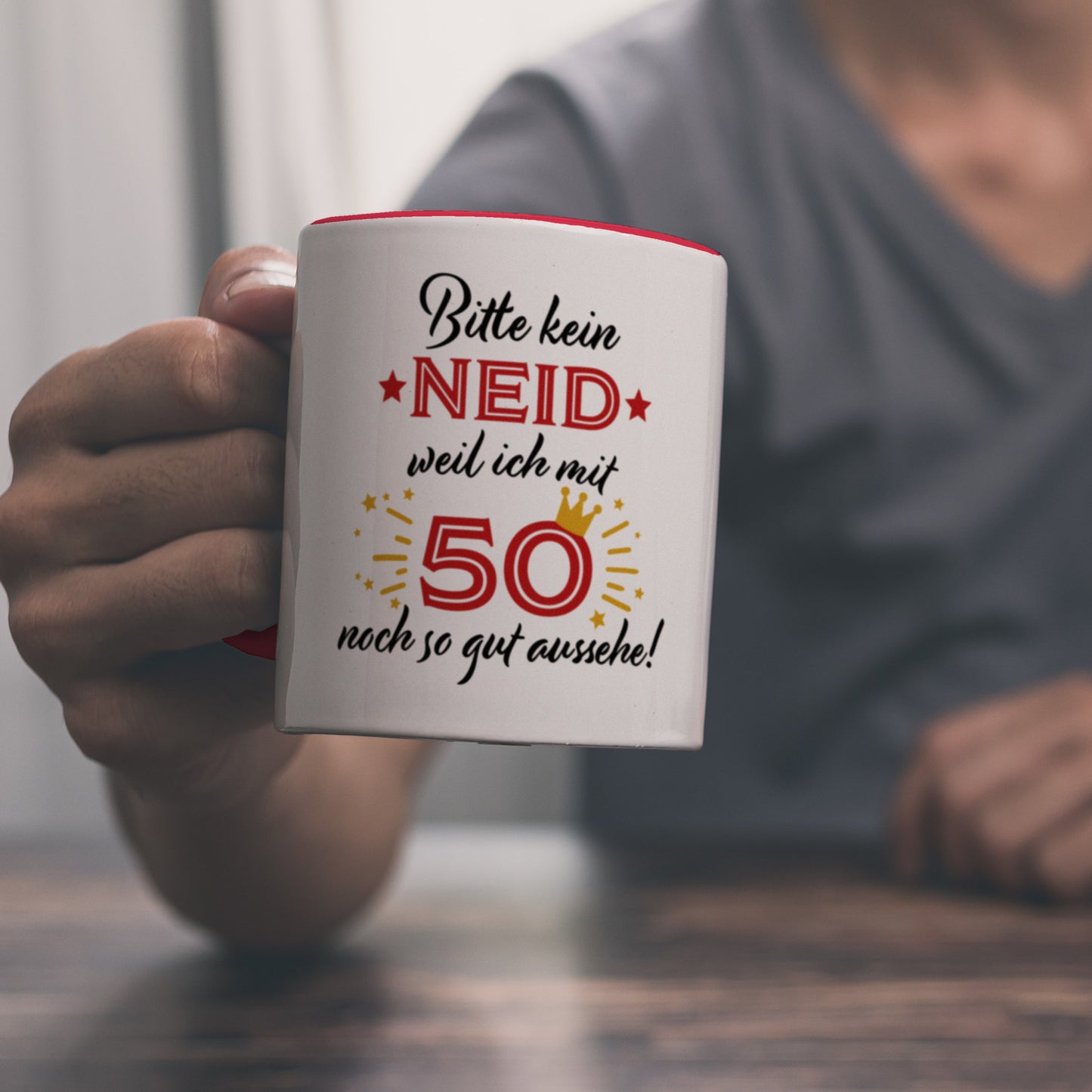 50. Geburtstag Kaffeebecher Rot mit lustigem Spruch: Neid