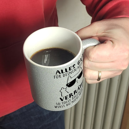 Katze mit Mittelfinger Glitzer-Kaffeebecher mit Spruch Viel Erfolg du Verräter