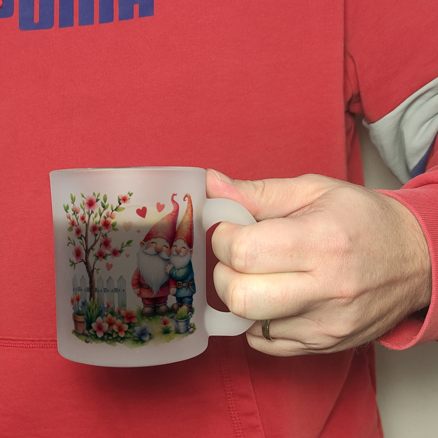 Verliebte Gartenzwerge mit Baum Glas Tasse