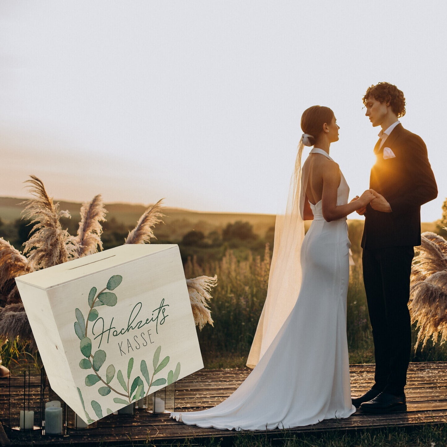 Hochzeitskasse Eukalyptus Spardose aus Holz