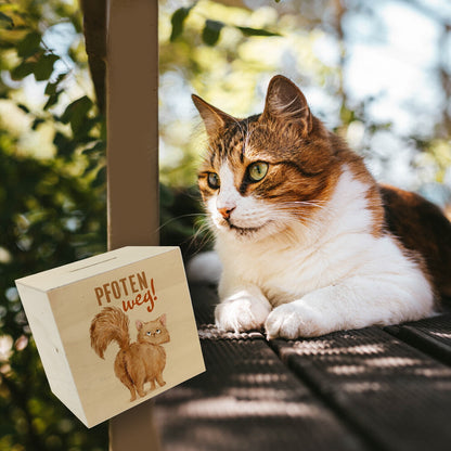 Katze Spardose aus Holz mit Spruch Pfoten weg