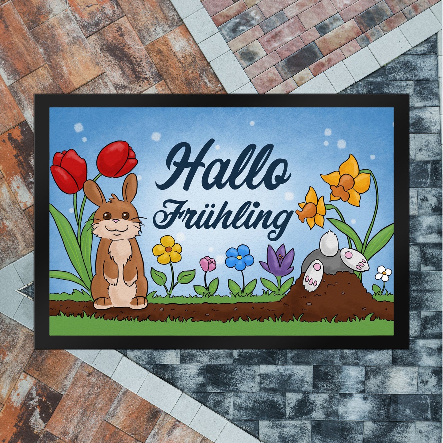 Hallo Frühling Fußmatte XL in 40x60 cm mit süßen Hasen für Ostern