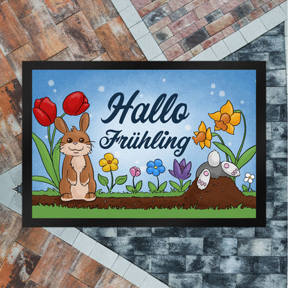 Hallo Frühling Fußmatte XL in 40x60 cm mit süßen Hasen für Ostern