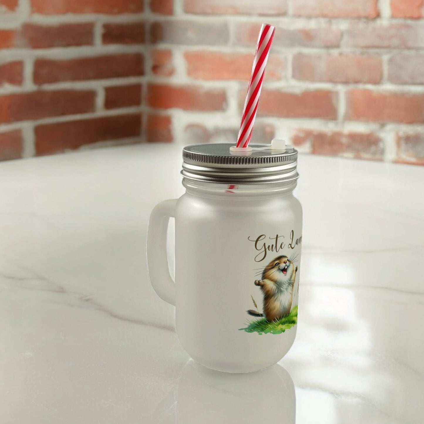 jubelnder Lemming Mason Jar Henkel Trinkglas mit Deckel mit Spruch Gute Laune