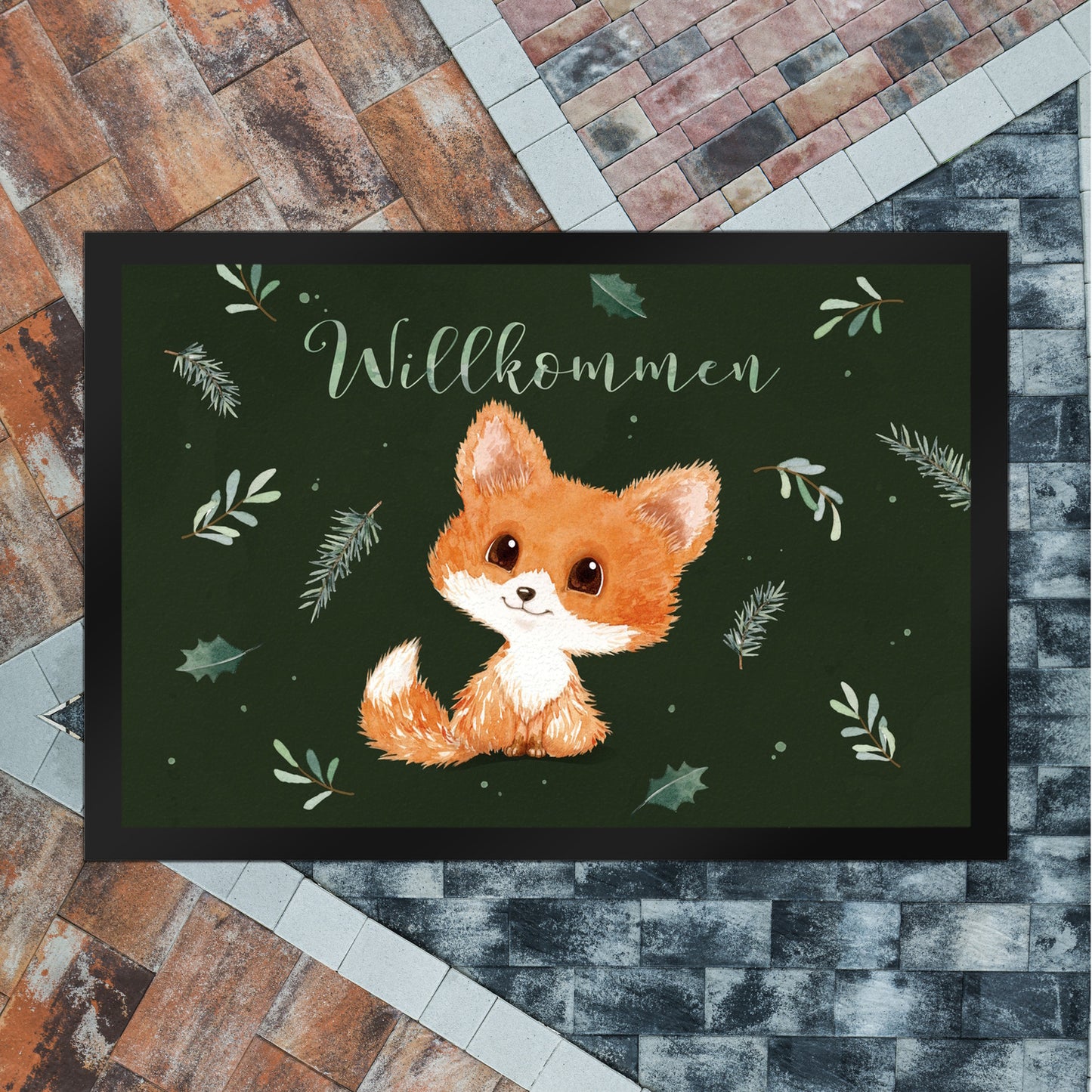 Baby Fuchs Fußmatte XL in 40x60 cm in grün mit Spruch Willkommen