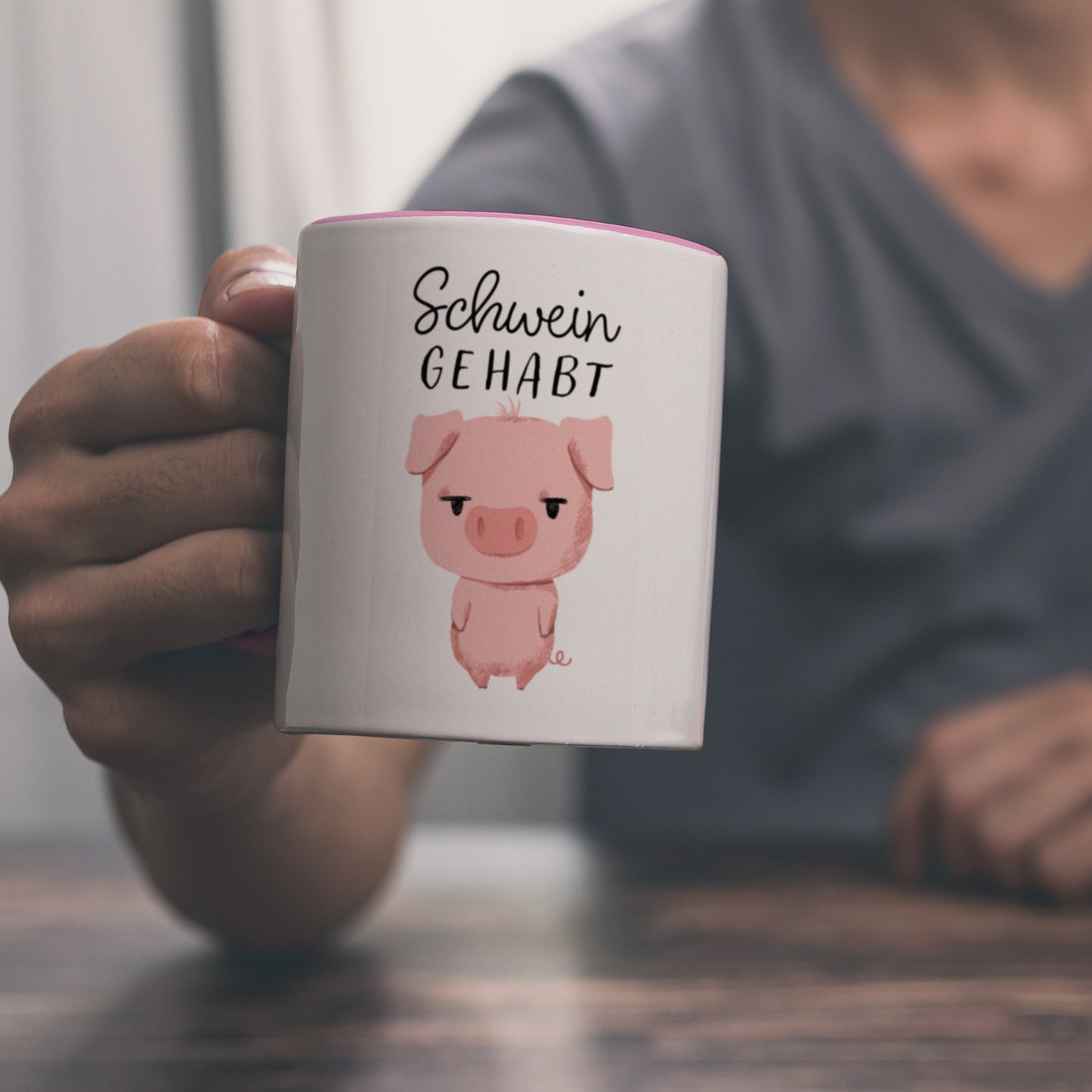 Ferkel Kaffeebecher in rosa mit Spruch Schwein gehabt