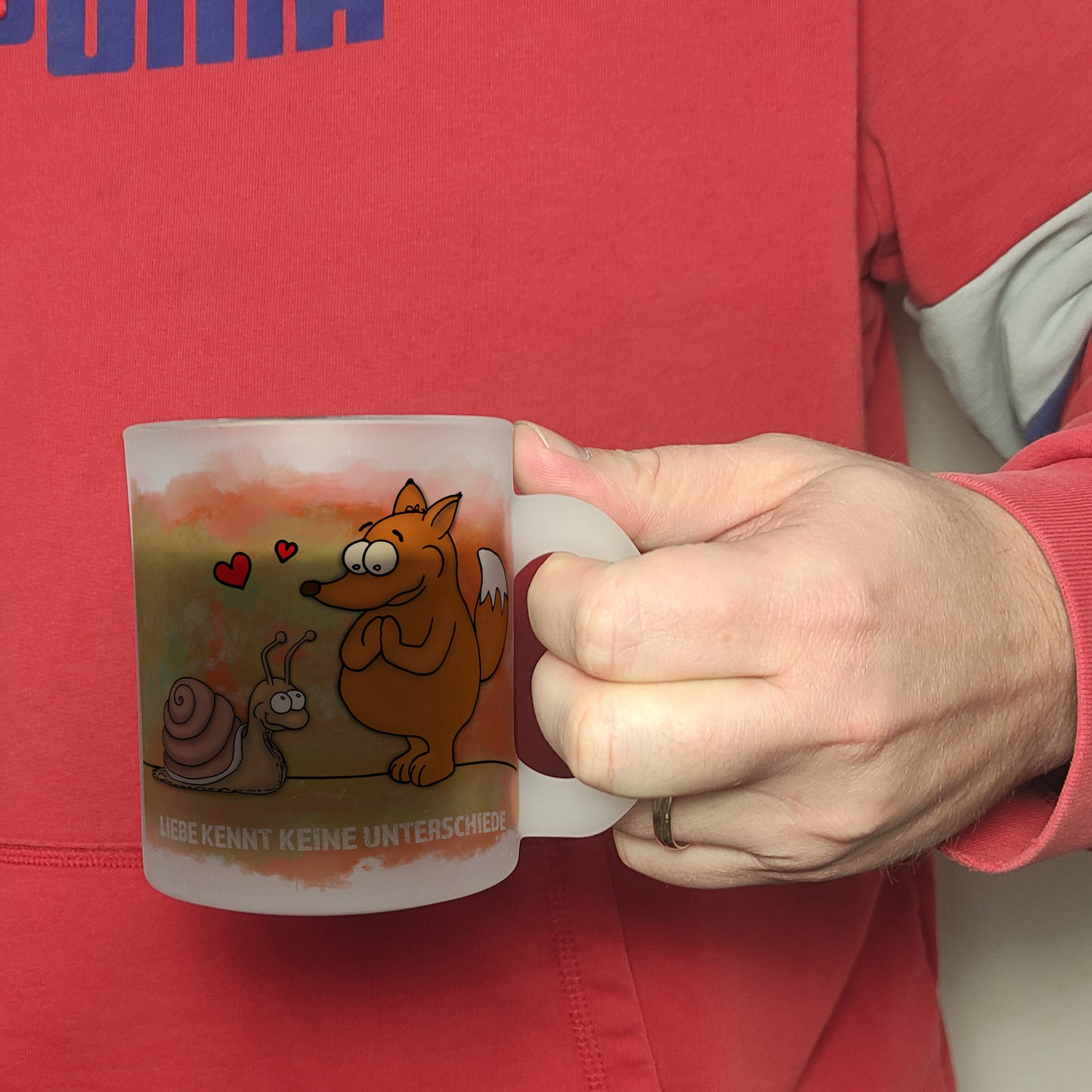 Liebe kennt keine Unterschiede Glas Tasse mit Fuchs und Schnecke Motiv