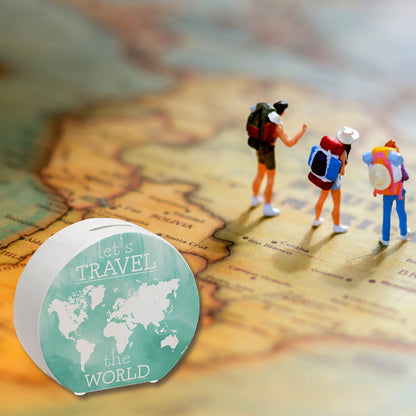 Spardose mit Weltkarten Motiv und Text - let's travel the world in Türkis