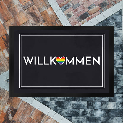 Willkommen Fußmatte XL in 40x60 cm mit buntem Regenbogen-Herz