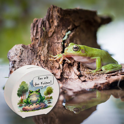 Griesgrämiger Frosch Spardose mit Spruch Her mit den Kröten!