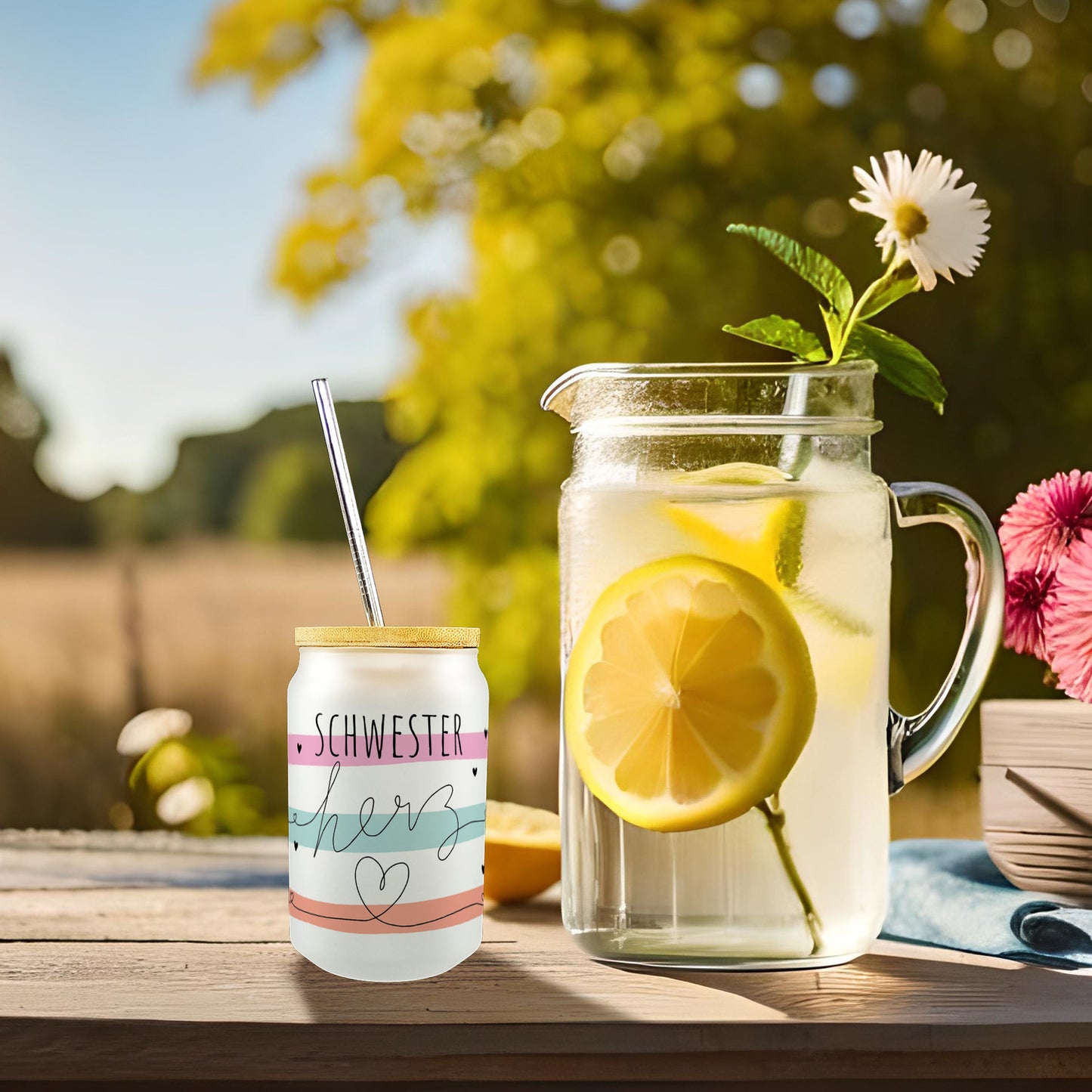 Herzen Trinkglas mit Bambusdeckel mit Spruch Schwesterherz