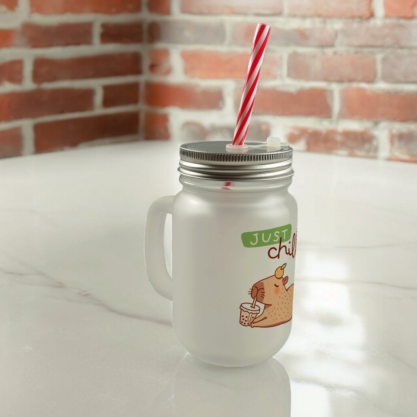 Capybara mit Bubble Tea Mason Jar Henkel Trinkglas mit Deckel mit Spruch Just Chill