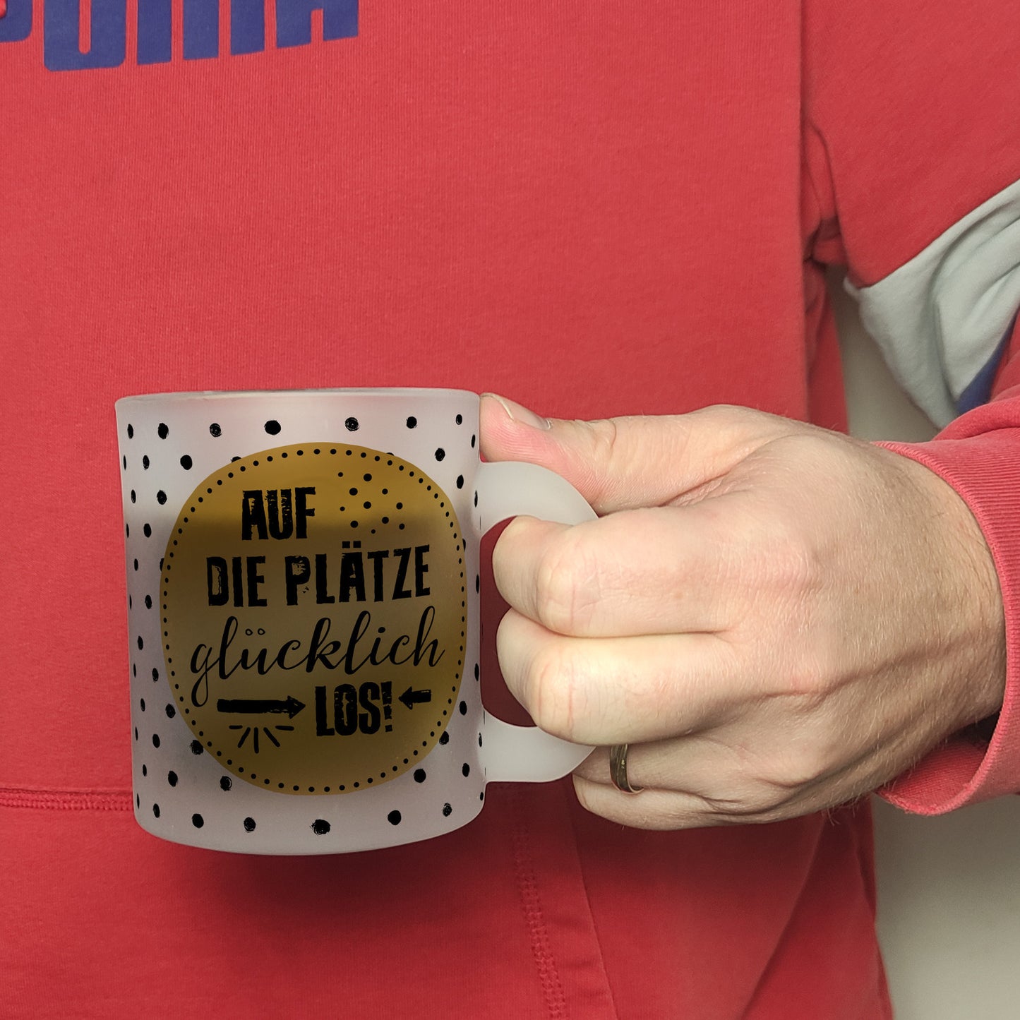 Auf die Plätze, glücklich, los! Glas Tasse mit Glück Motiv