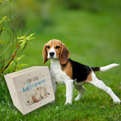 Relaxter Hund Spardose aus Holz mit Spruch Für eine Kaffeepause