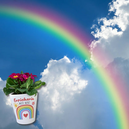 Regenbogen Blumentopf mit Spruch Erzieherin mit Herz