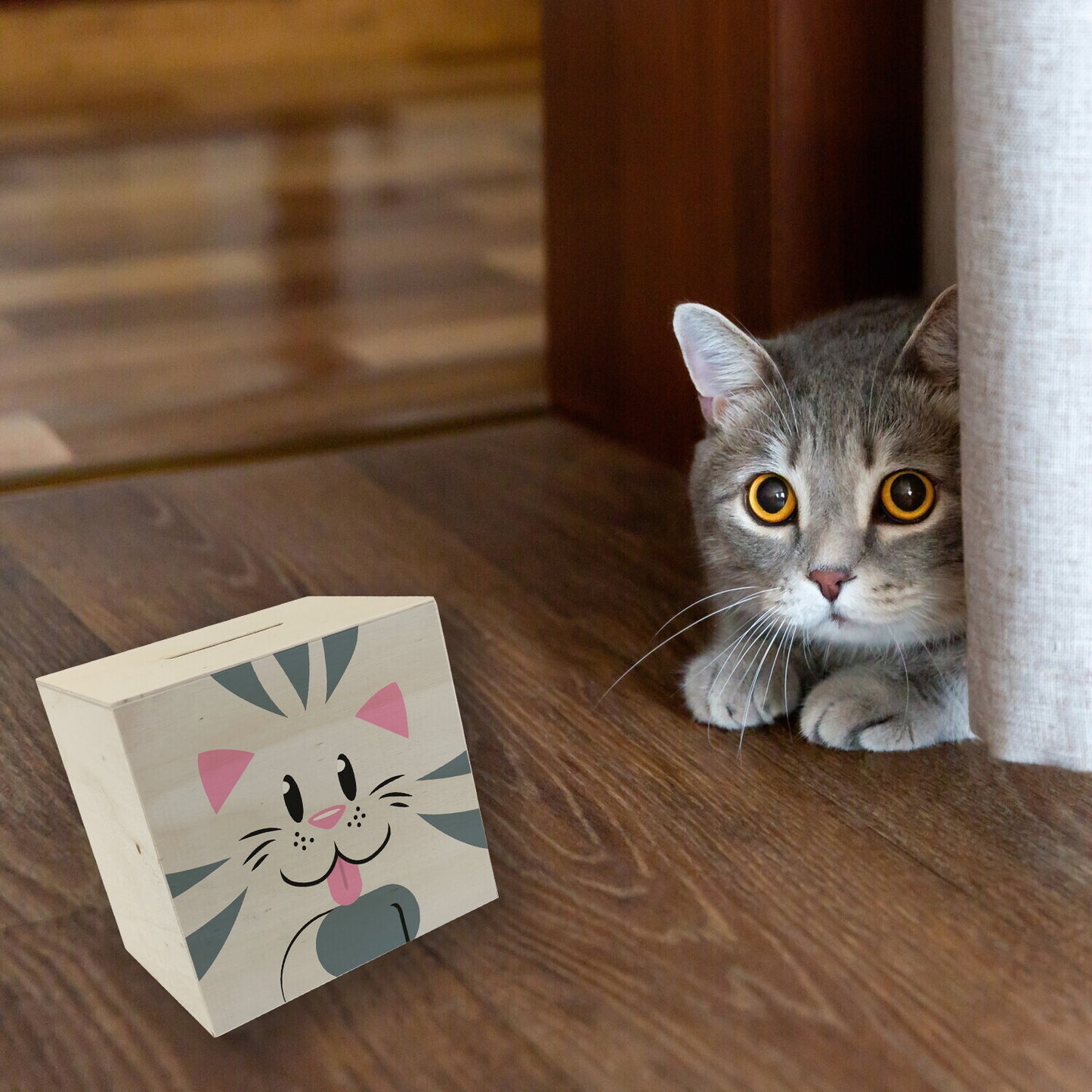 Spardose aus Holz mit niedlichem Katzen-Gesicht - für kleine Kinder