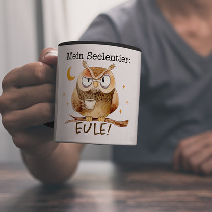 Eule Kaffeebecher in schwarz mit Spruch Mein Seelentier Eule