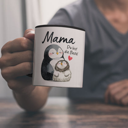 Pinguin Mutter und Kind Kaffeebecher in schwarz mit Spruch Mama du bist die Beste