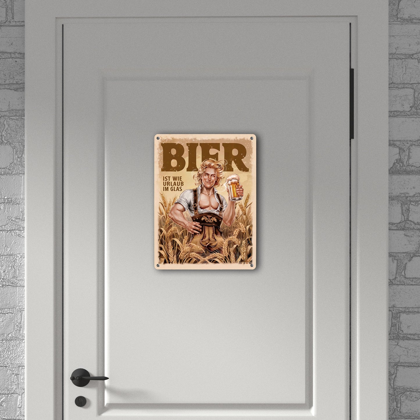 Blonder Mann mit Bier - Urlaub im Glas Metallschild XL in 21x28 cm