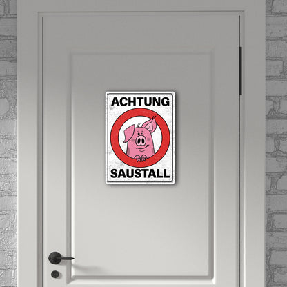 Achtung Saustall Metallschild XL in 21x28 cm mit lustigem Comic-Schwein in einem Warnkreis