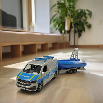 Volkswagen VW Polizei-Van mit Boot und Anhänger Spielzeug Polizeiauto mit Pull Back Motor