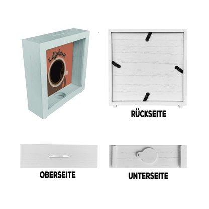 Rahmen Spardose aus Holz mit Kaffeetassenmotiv - als Kaffeekasse für Frisöre und Restaurants