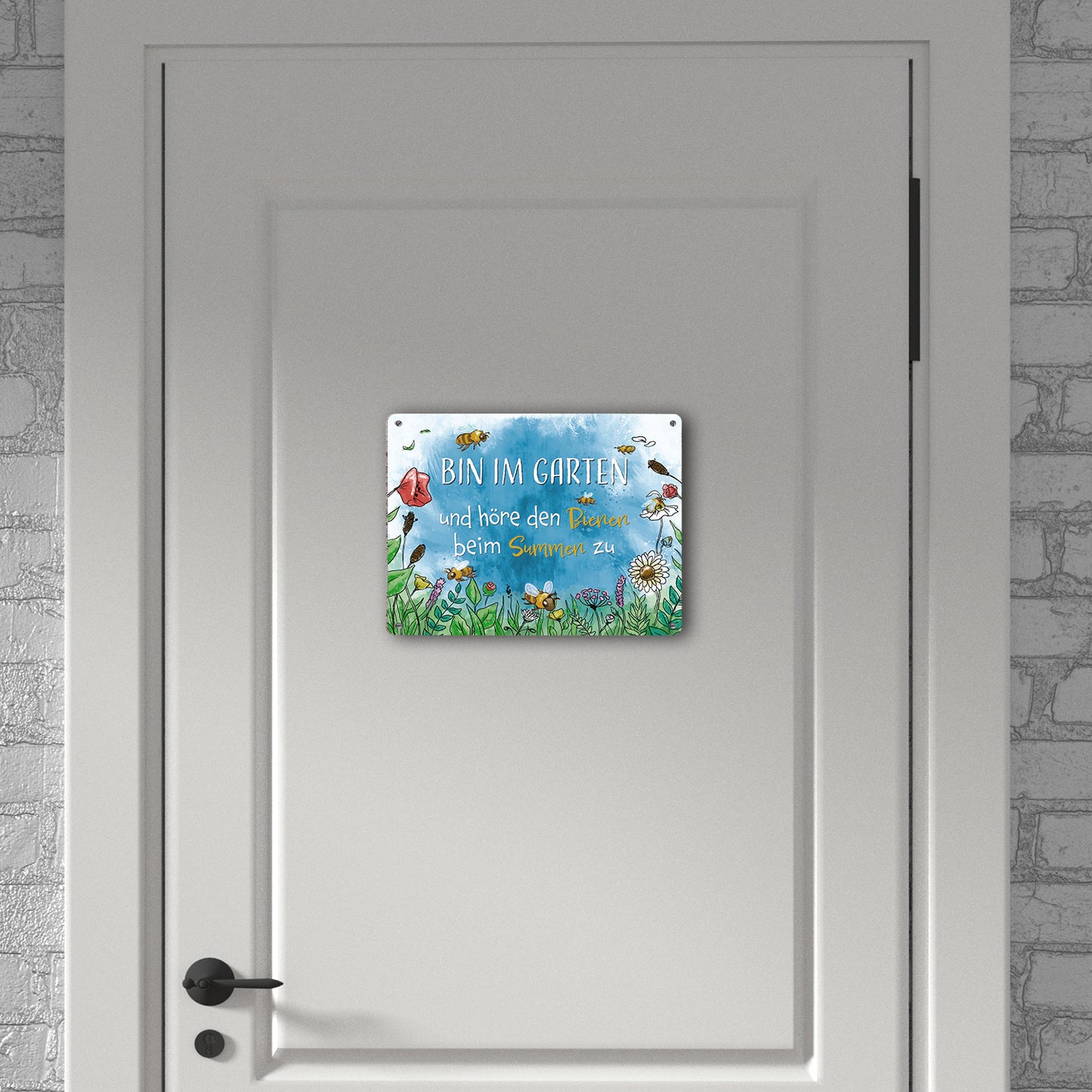 Bin im Garten Metallschild XL in 21x28 cm mit Blumenwiese und Bienen