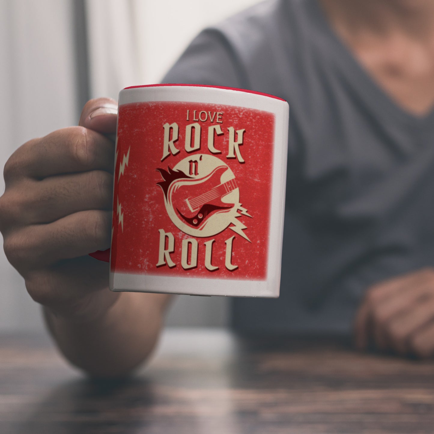 I Love Rock 'n' Roll Kaffeebecher Rot mit Gitarren Motiv