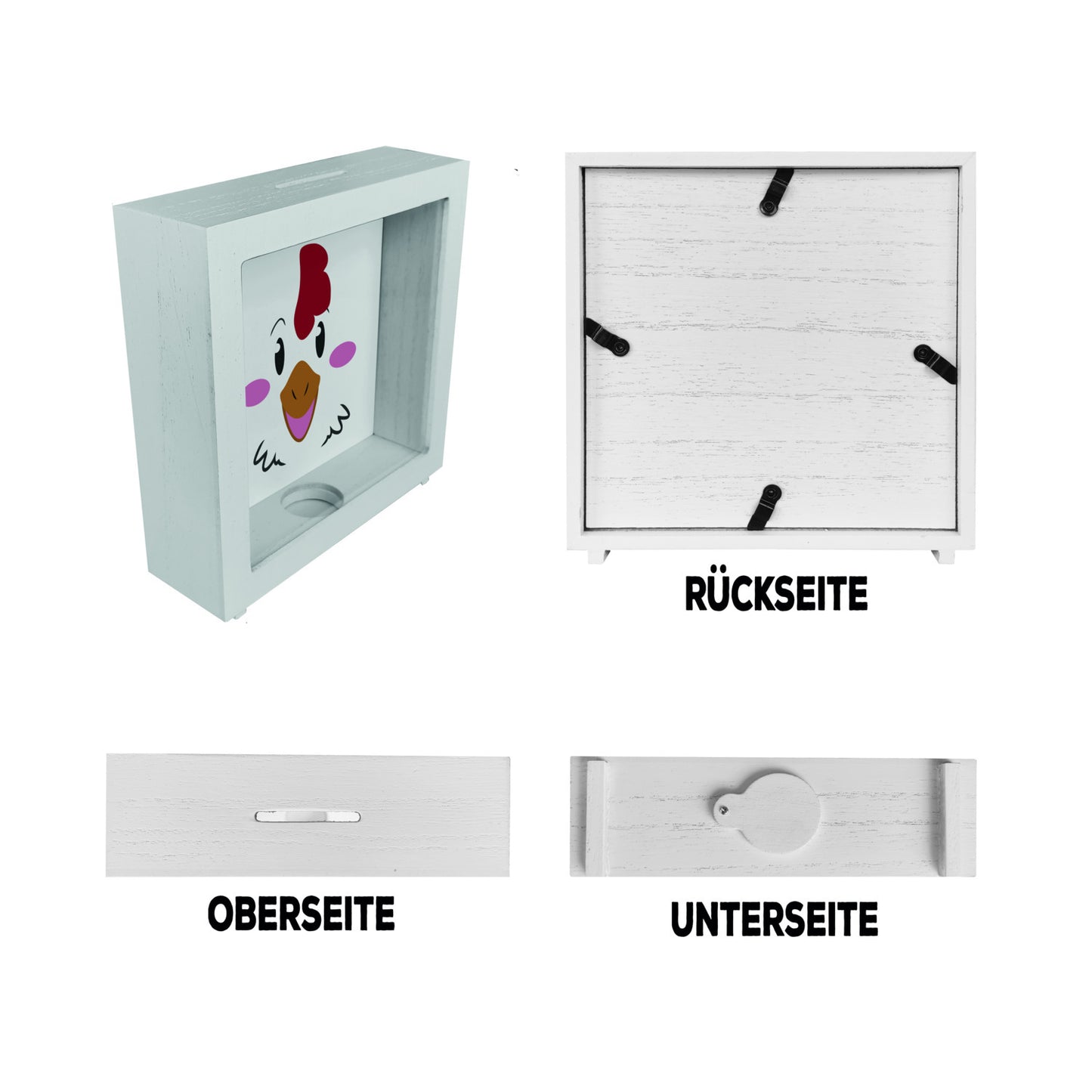 Rahmen Spardose aus Holz mit niedlichem Hühner-Gesicht - für kleine Kinder