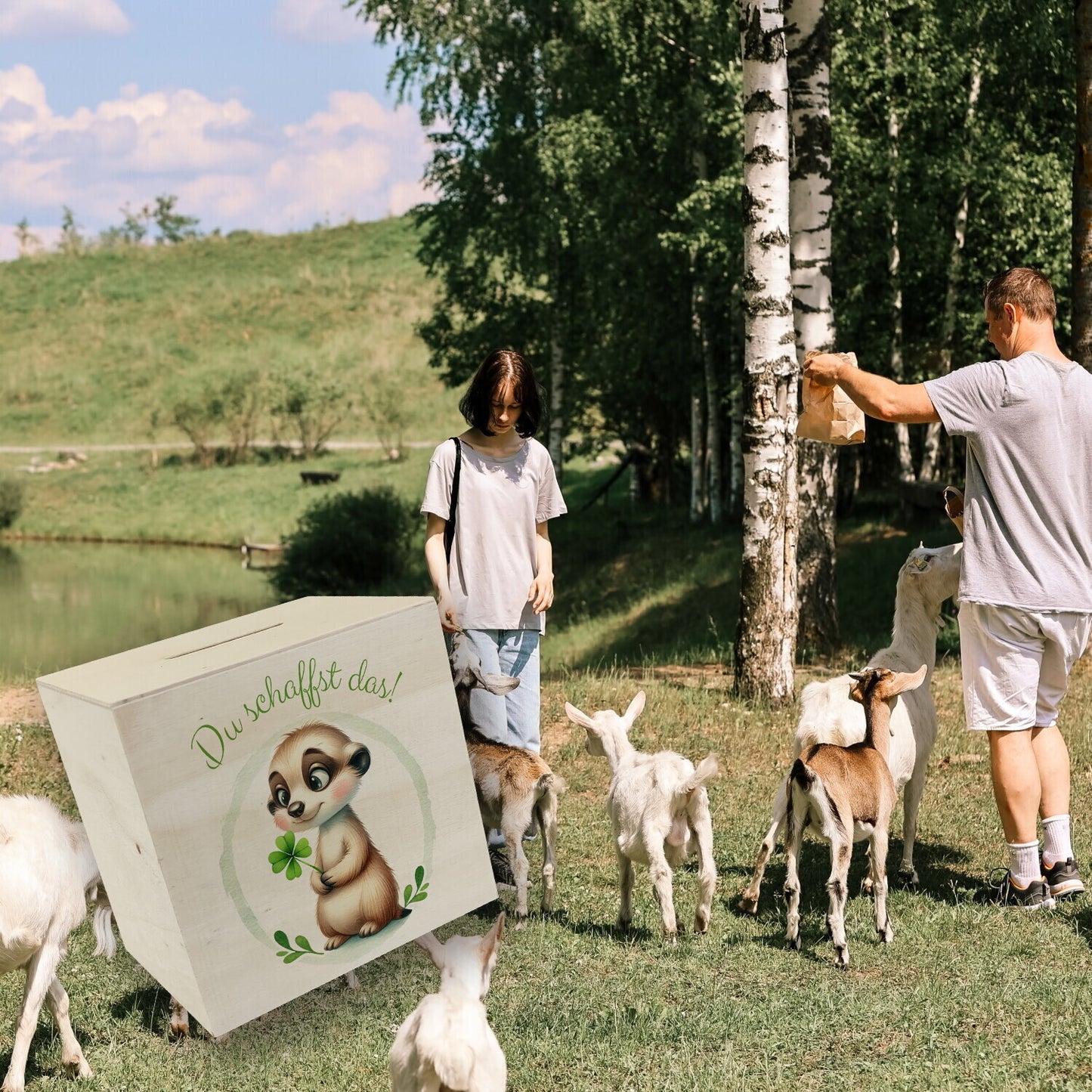 Erdmännchen mit Kleeblatt Spardose aus Holz mit Spruch Du schaffst das