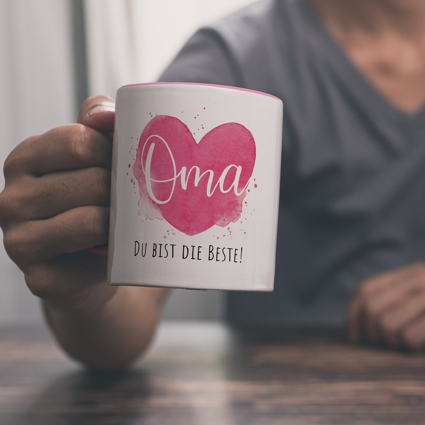 Beste Oma Kaffeebecher in rosa mit Spruch Oma Du bist die Beste