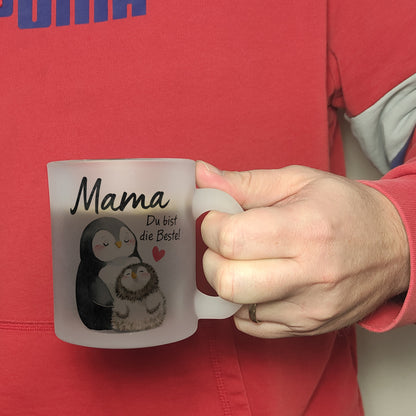 Pinguin Mutter und Kind Glas Tasse mit Spruch Mama du bist die Beste