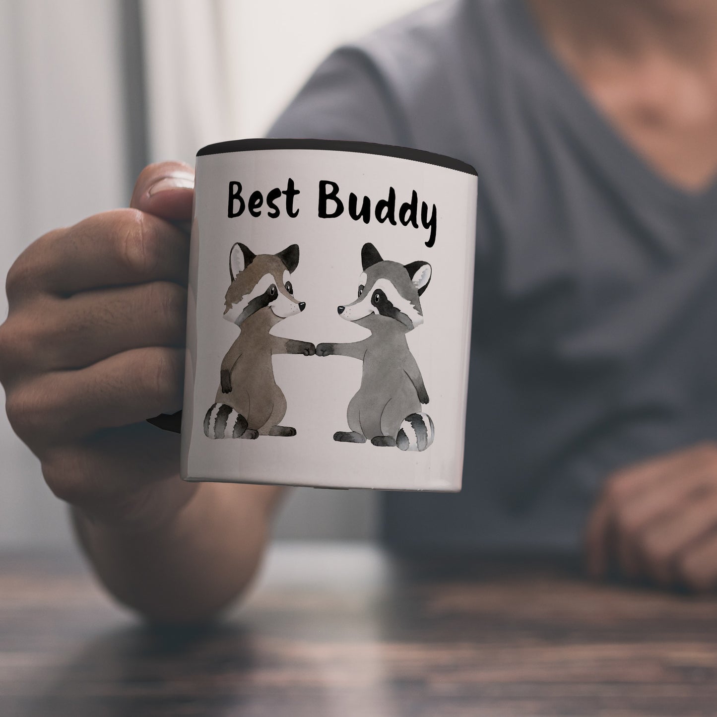 Waschbär Bruder und Kumpel Kaffeebecher in schwarz mit Spruch Best Buddy