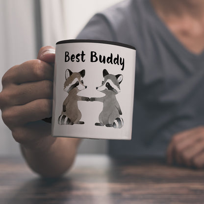 Waschbär Bruder und Kumpel Kaffeebecher in schwarz mit Spruch Best Buddy