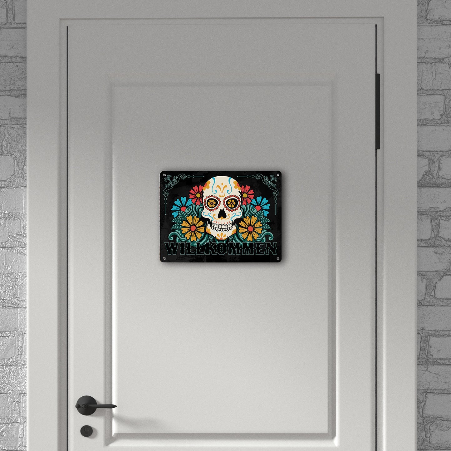 Willkommen Metallschild XL in 21x28 cm mit Totenkopf und Blumenmotiv