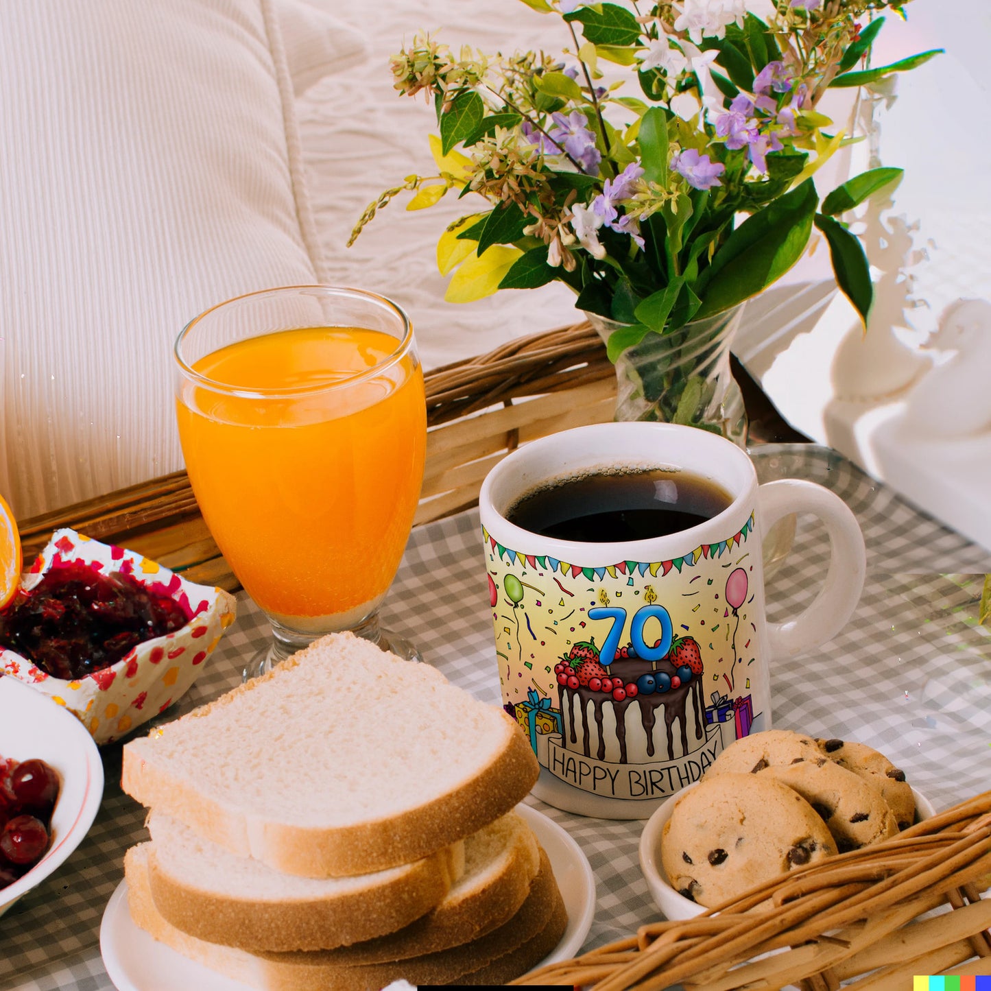 70. Geburtstag Tasse mit Kuchen und Geschenk und Anhänger: zum 25568. Tag