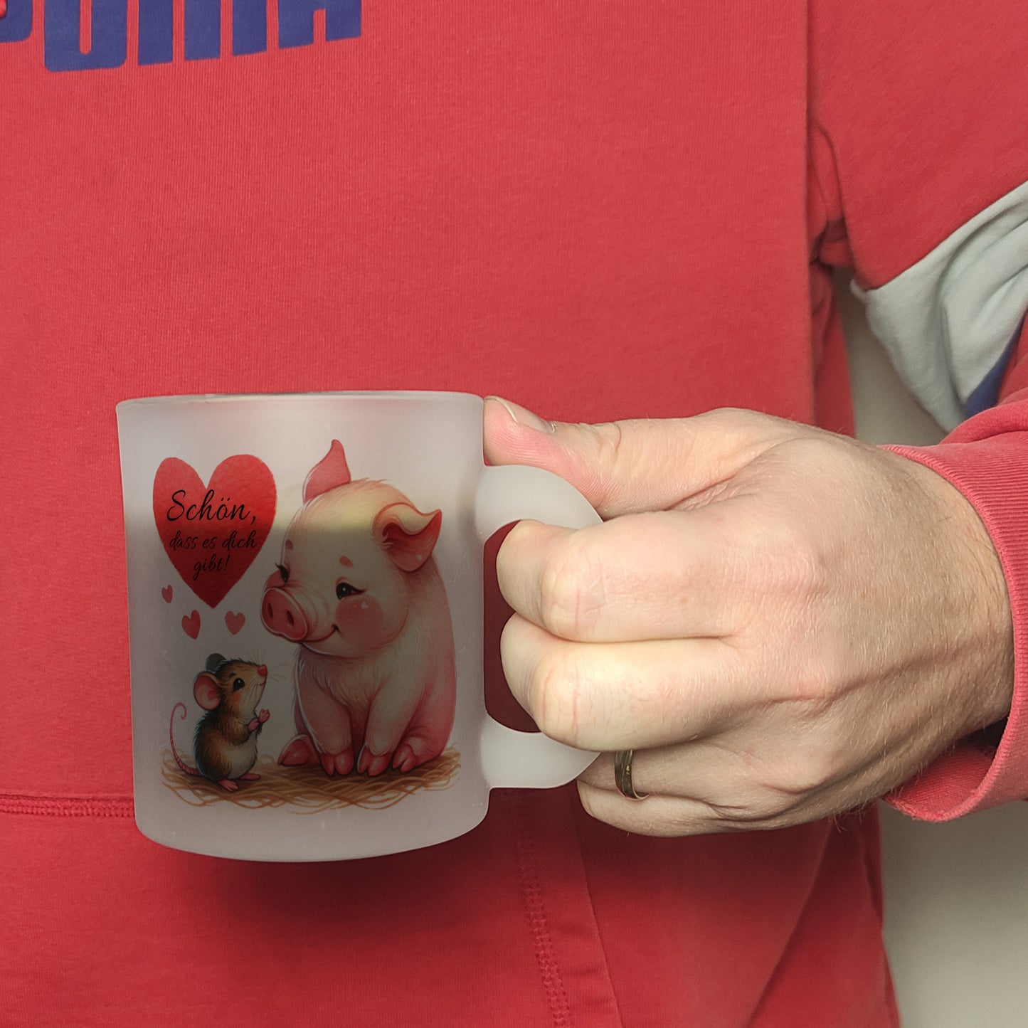 Schwein mit Maus und Herz Glas Tasse mit Spruch Schön dass es dich gibt