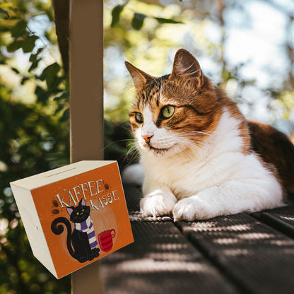 Herbstliche Kaffeekasse Spardose aus Holz mit schwarzer Katze