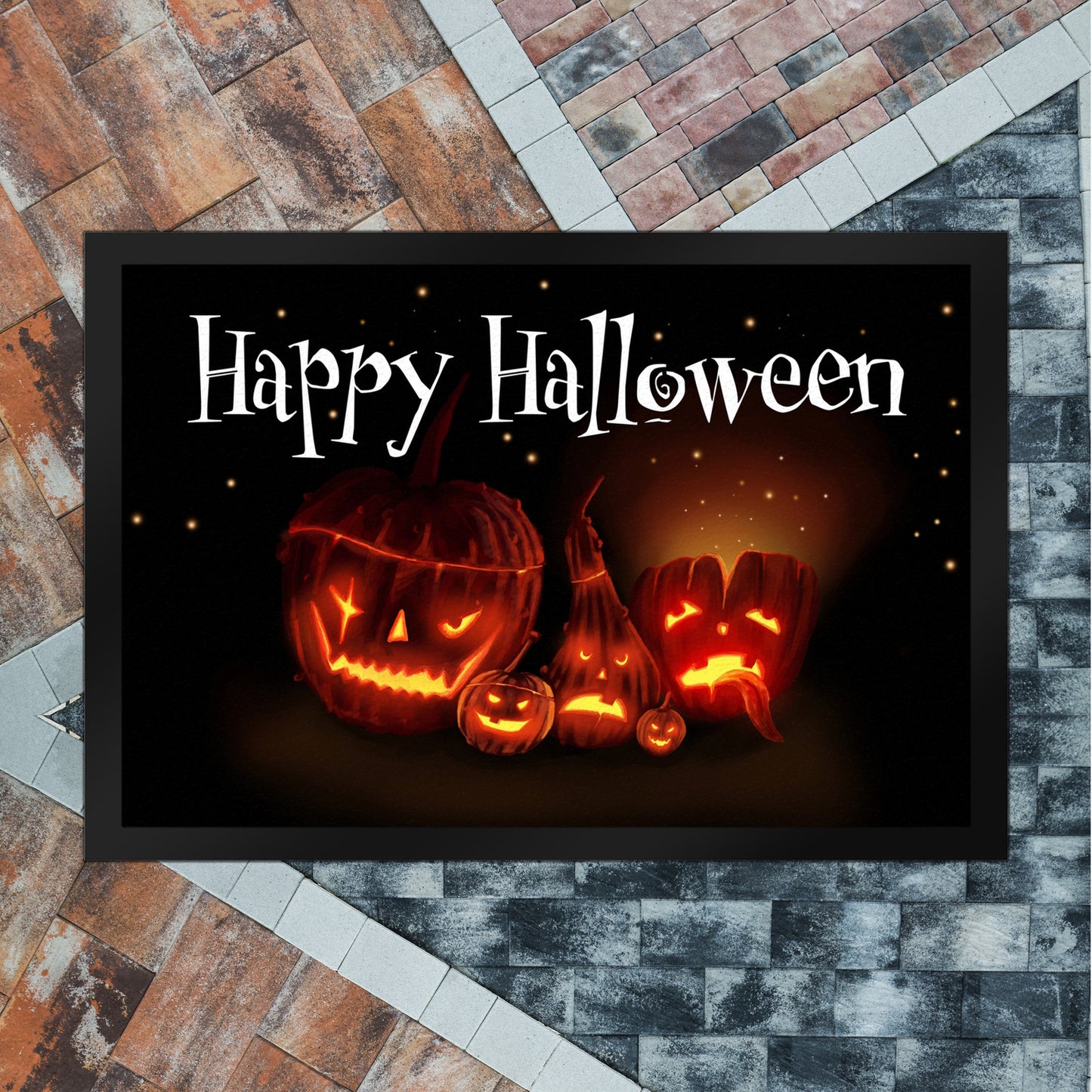 Fußmatte XL in 40x60 cm mit Kürbiskopf Motiv und Happy Halloween Schriftzug