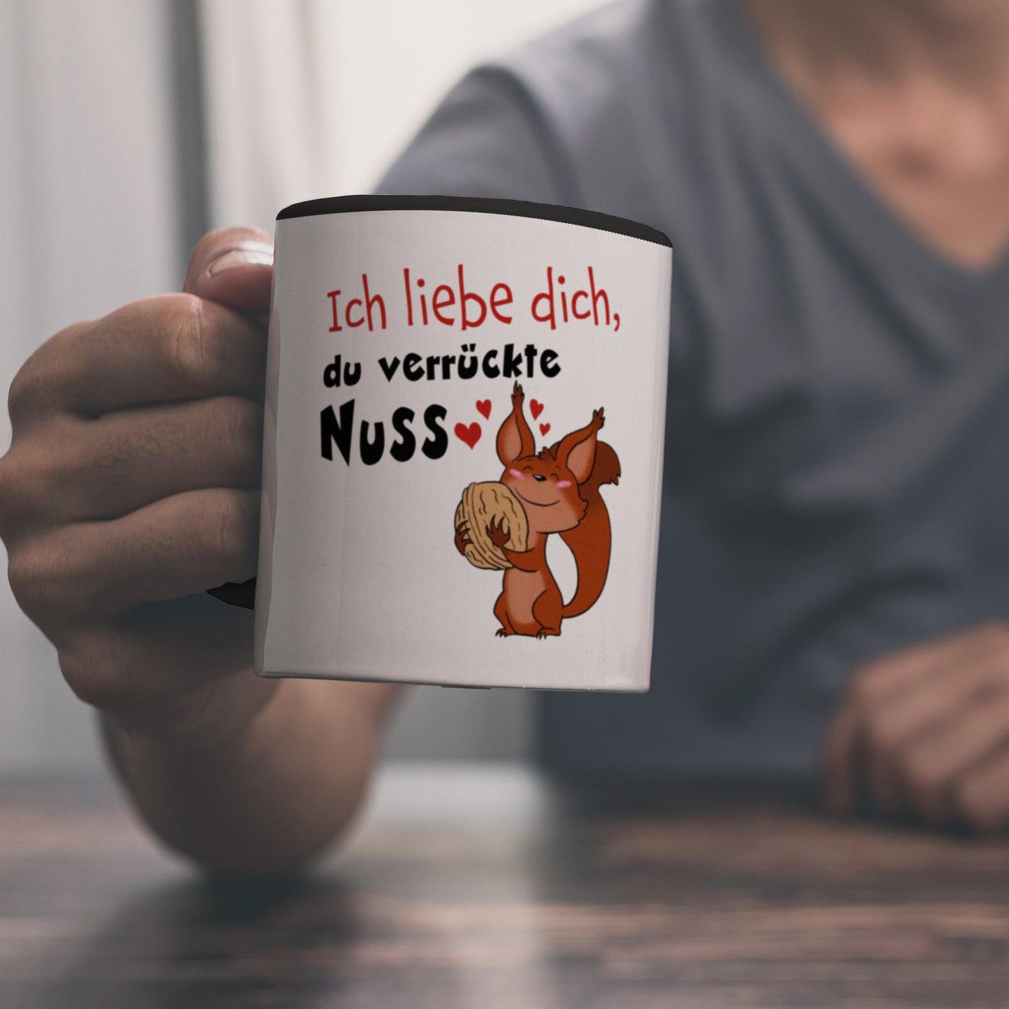 Ich liebe dich verrückte Nuss Kaffeebecher Schwarz mit süßem Eichhörnchen