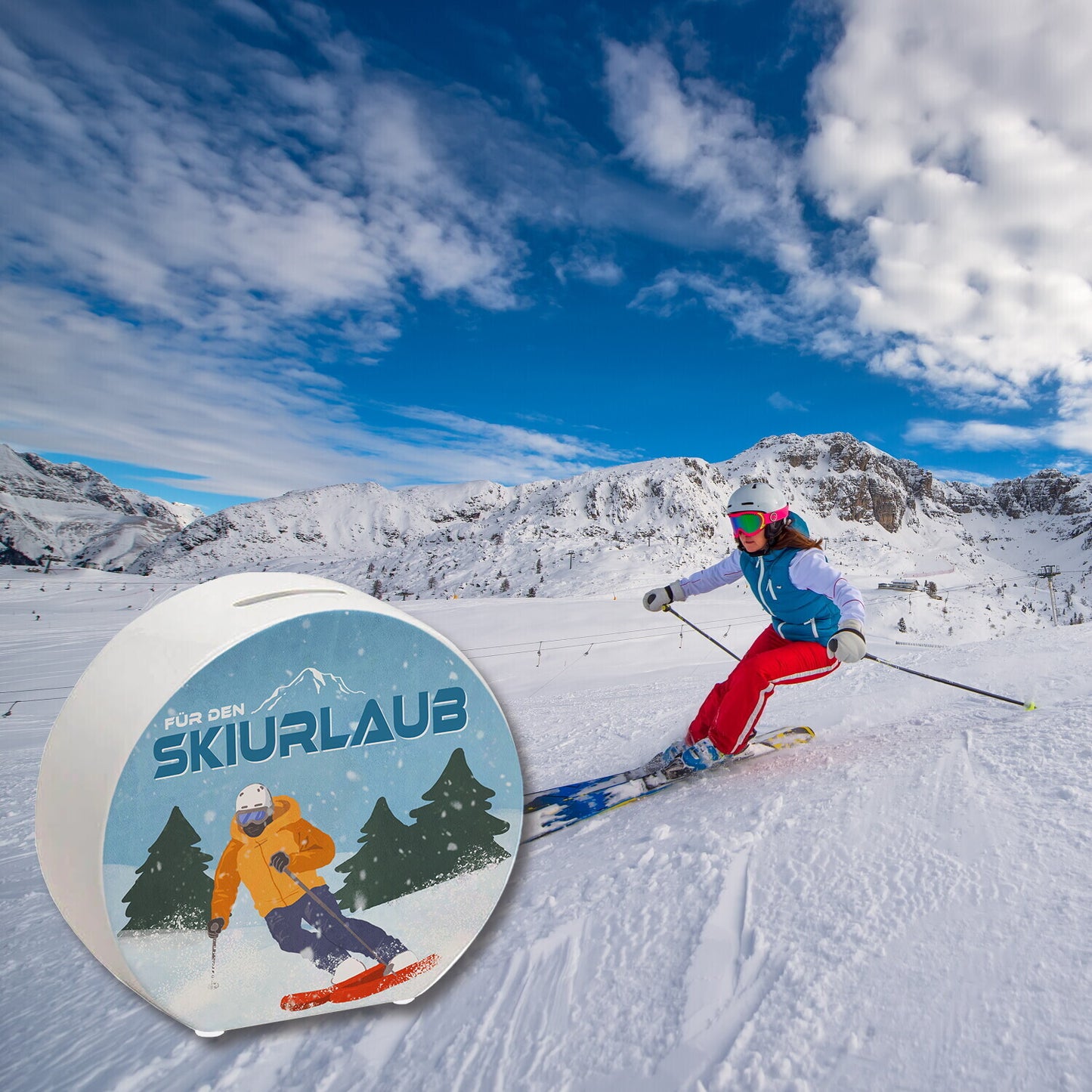 Für den Skiurlaub Spardose mit coolem Skifahrer