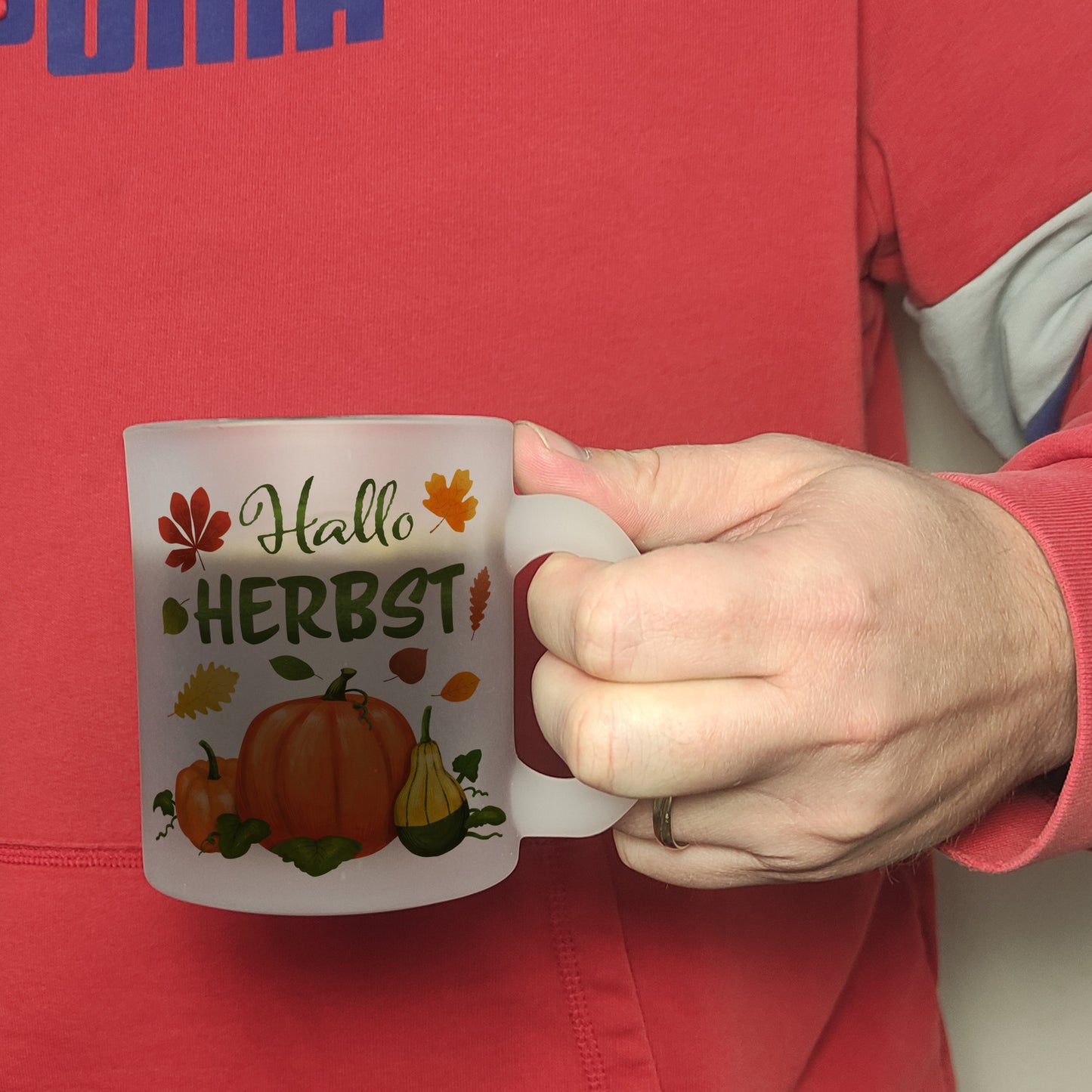 Hallo Herbst Glas Tasse mit hübschen Kürbissen