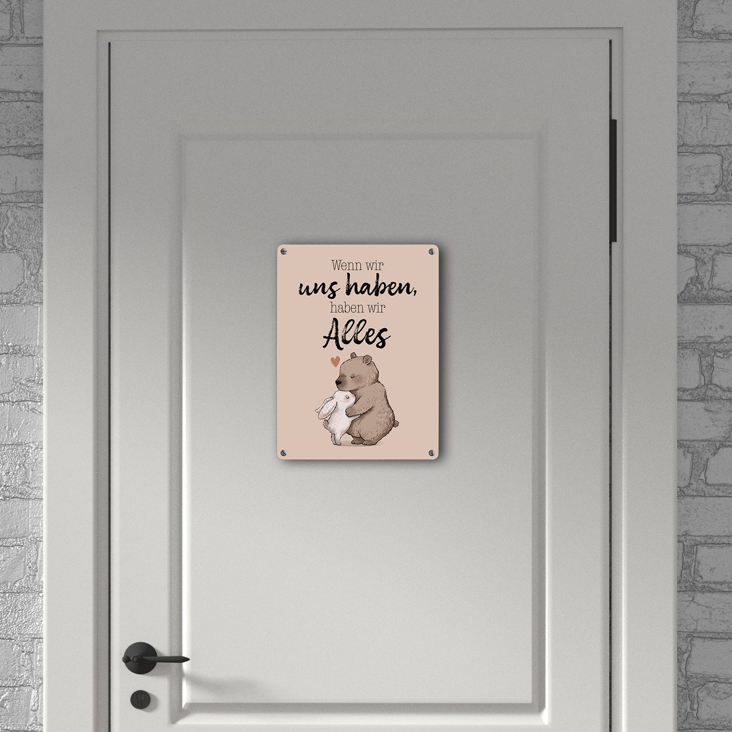 Hase und Bär Metallschild in 15x20 cm mit Spruch Wenn wir uns haben, haben wir Alles