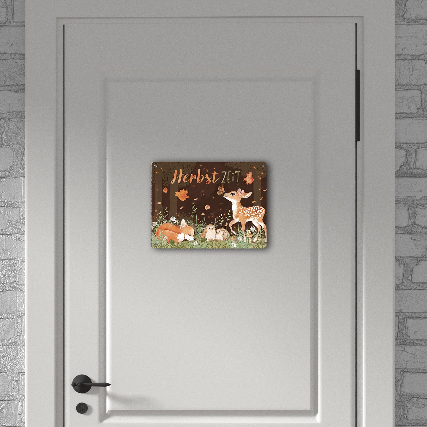 Tiere des Waldes Metallschild XL in 21x28 cm mit Spruch Herbstzeit