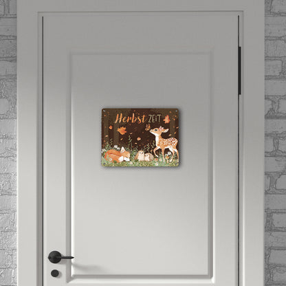 Tiere des Waldes Metallschild XL in 21x28 cm mit Spruch Herbstzeit