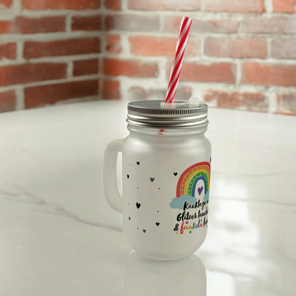 Regenbogen Mason Jar Henkel Trinkglas mit Deckel mit Spruch Kacktage in Glitzer tauchen