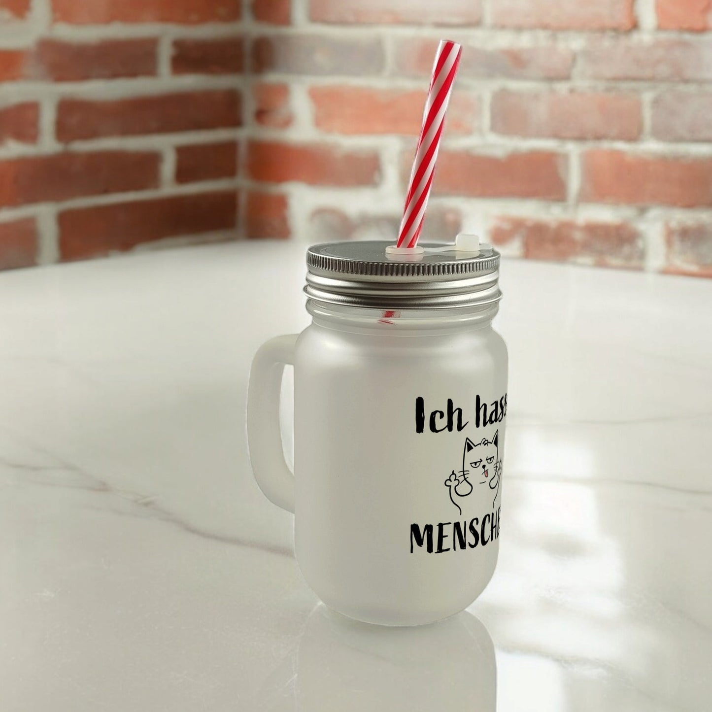 Mittelfinger Katze Mason Jar Henkel Trinkglas mit Deckel mit Spruch Ich hasse Menschen